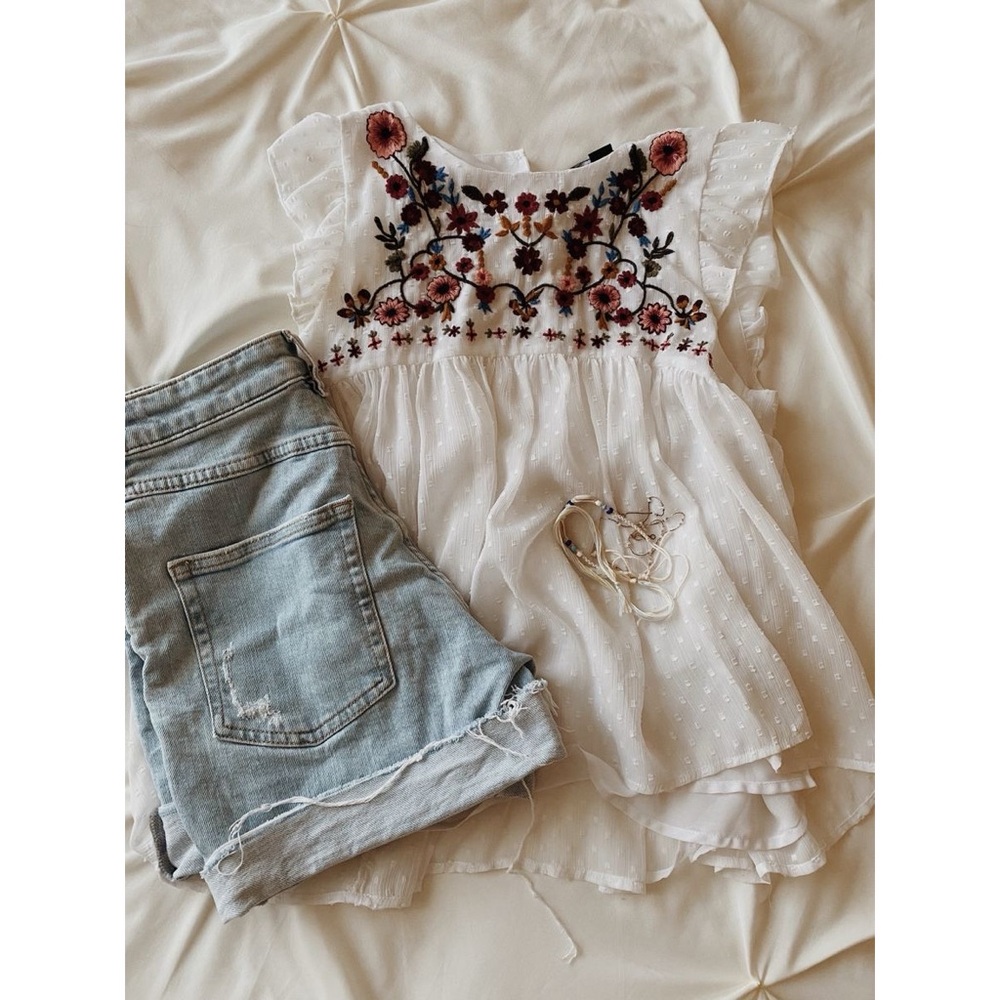 Floral Embroidered Clip Dot Babydoll Top